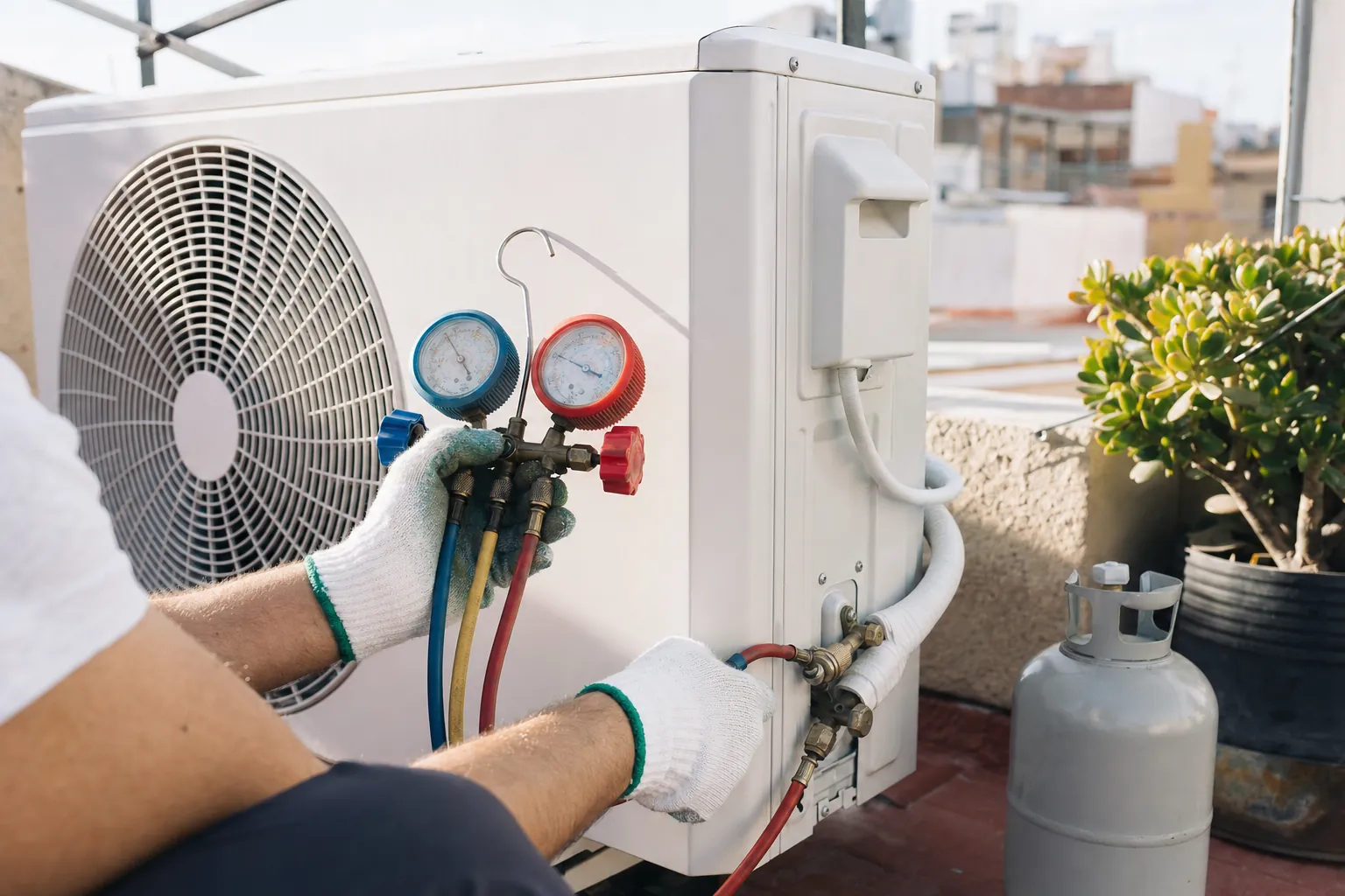 Unidad exterior de aire acondicionado con manómetros de refrigeración conectados a las llaves de servicio