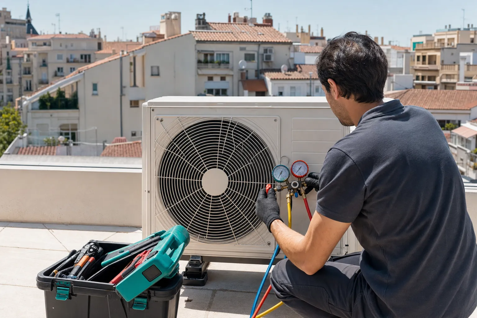 Técnico de climatización con manómetros conectados a la unidad exterior de un aire acondicionado en una terraza